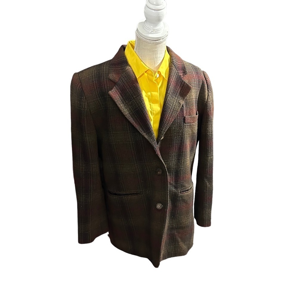 Vtg Eddie Bauer Earth-Toned 2 Button 100% Wool Tweed Blazer Sz LP Check Plaid
